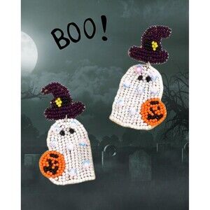 Spooky-Cute Sequin Beaded Ghost/Witch With Pumpkin Pierced Dangle Earrings NWT